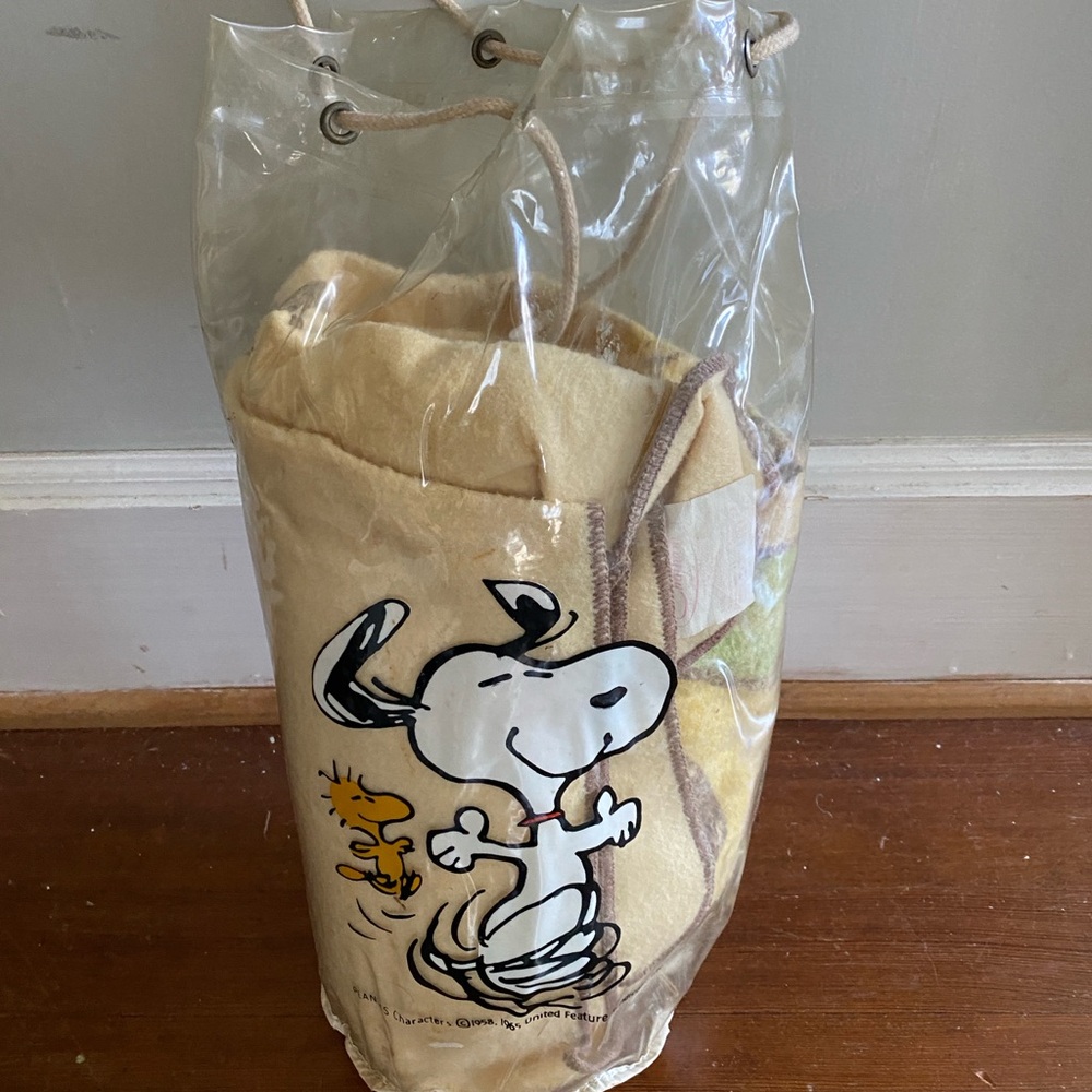 Snoopy & Peanuts Beach or camp Blanket vintage Chatham w/ clear drawstring bag